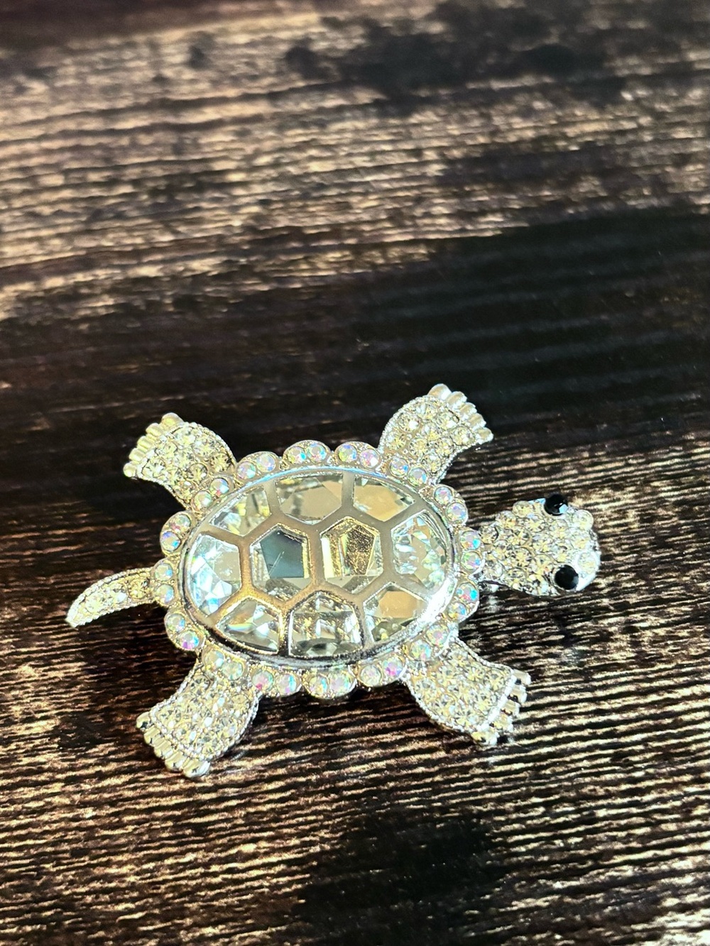 Sparkling Turtle Brooch in Silver with Crystal Accents
